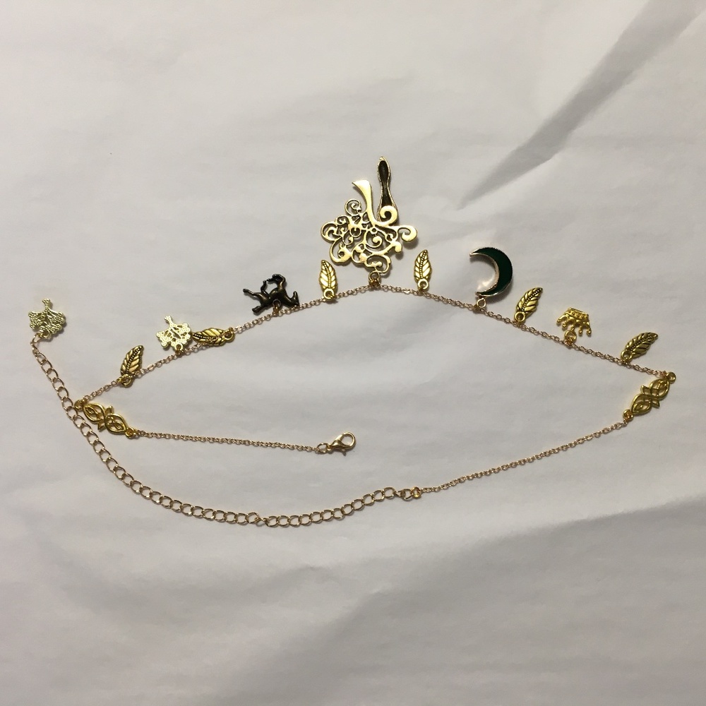 Danu Celtic Forest Goddess Handmade Necklace, Gold Tree, Green Druzy Moon, Crown - Picture 12 of 15